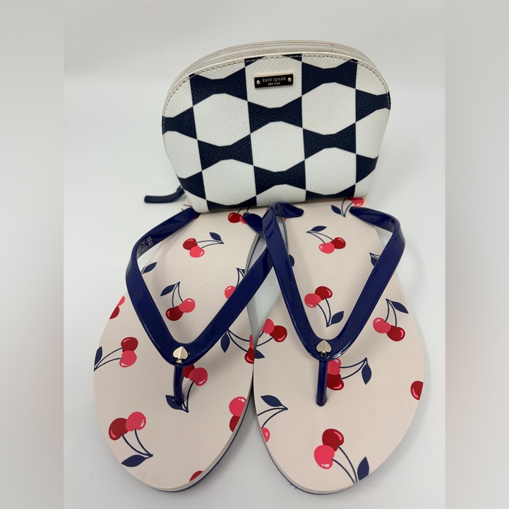 Bundle kate spade Cherry Print Flip Flops with Navy Straps & Cosmetic Case